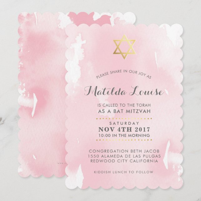 BAT MITZVAH goldfarbenes, rosa Aquarell einladen Einladung (Vorne/Hinten)