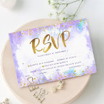 Bat Mitzvah Goldfolie lila Aquarellfärbung RSVP Karte<br><div class="desc">Seien Sie stolz, freuen Sie sich und präsentieren Sie diesen Meilenstein Ihres Lieblings-Bat Mitzvah! Fügen Sie dieses atemberaubende, moderne, funkelnd Gold Imitate Folie und Glitzer Punkte und Typografie-Skript vor einem weichen lila Aquarellhintergrund, personalisierte UAWG Beilage Karte für Ihre Veranstaltung. Personalisieren Sie den benutzerdefinierten Text mit dem Datum "Antwort nach" und...</div>