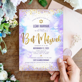 Bat Mitzvah Goldfolie und lila moderne Aquarell Einladung
