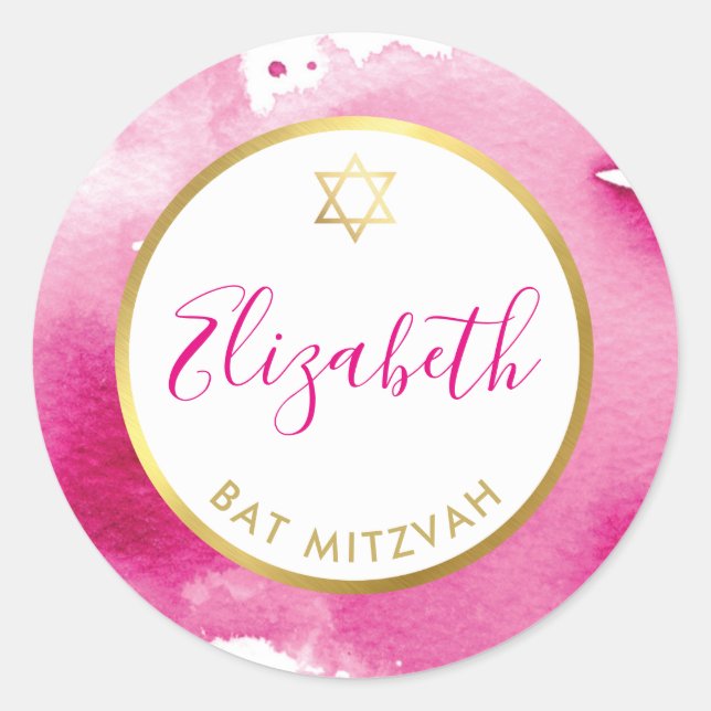 BAT MITZVAH Goldstar Smart Dunkelrosa Aquarell Runder Aufkleber (Vorderseite)