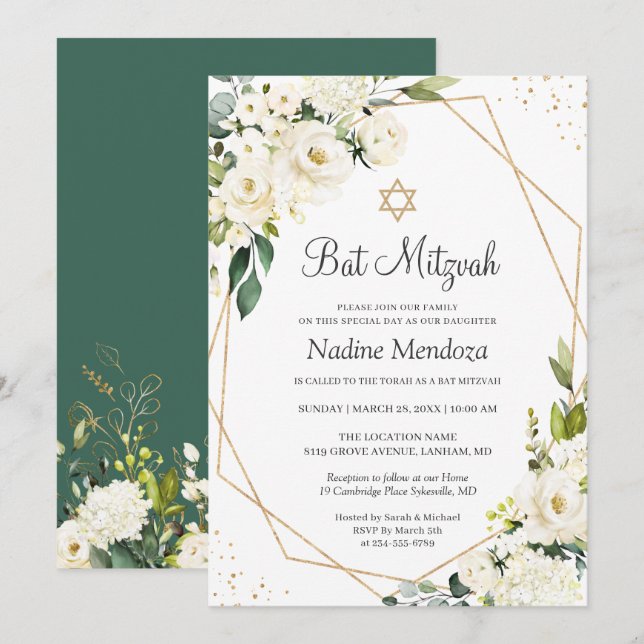Bat Mitzvah | Greenery White Rose Floral Geometric Einladung (Vorne/Hinten)