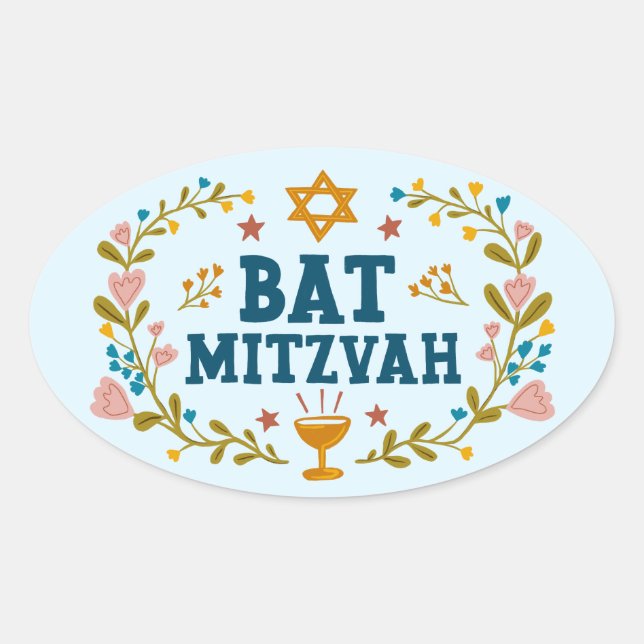BAT MITZVAH Handgezeichnet blumenjüdischer, indivi Ovaler Aufkleber (Vorderseite)