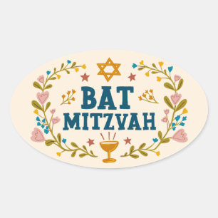 BAT MITZVAH Handgezeichnet blumenjüdischer, indivi Ovaler Aufkleber