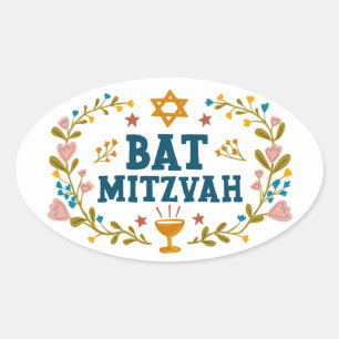 BAT MITZVAH Handgezeichnet blumenjüdischer, indivi Ovaler Aufkleber