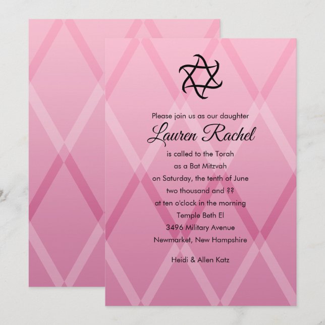 Bat Mitzvah Harlequin Pink Einladung (Vorne/Hinten)