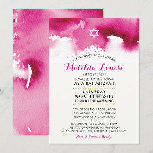 BAT MITZVAH HEBREW couleur rose vif invitation