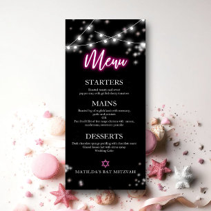Bat Mitzvah Hot Pink Neon Themenmenü Menükarte