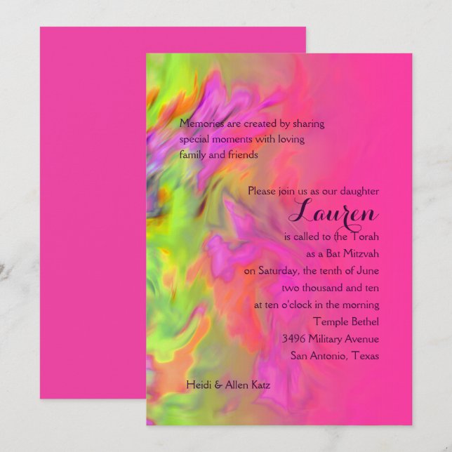 Bat Mitzvah Hot Pink und grüne Gefärbte Krawatte Einladung (Vorne/Hinten)