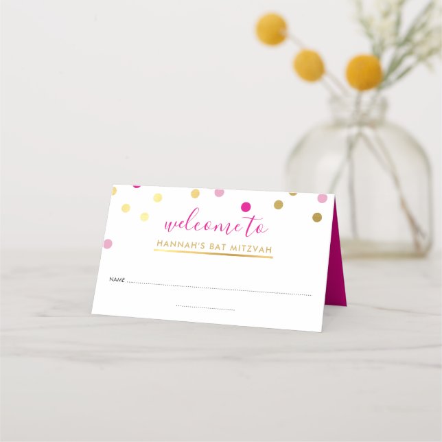 BAT MITZVAH hübsch Glam Konfetti-Spot Goldpink Platzkarte (Vorderseite)