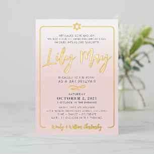BAT MITZVAH hübsches Drehbuch blassrosa ombre gold Folieneinladung