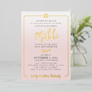 BAT MITZVAH hübsches Drehbuch blassrosa ombre gold Folieneinladung