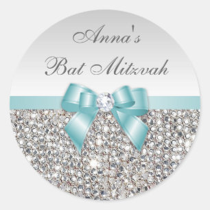 Bat Mitzvah Imitate Silver Sequins Aquamarine Bow  Runder Aufkleber