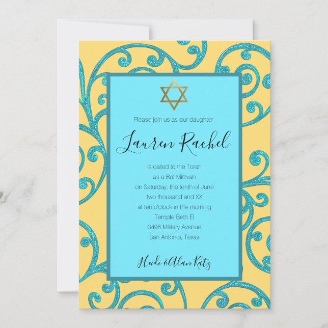 Bat Mitzvah irgendeine Farbe Aqua Scroll Design Einladung (Vorderseite)
