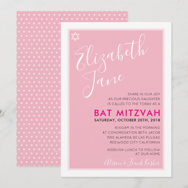 BAT MITZVAH jüdischer Stern stilvoll zwischen rosa Einladung (Vorne/Hinten)