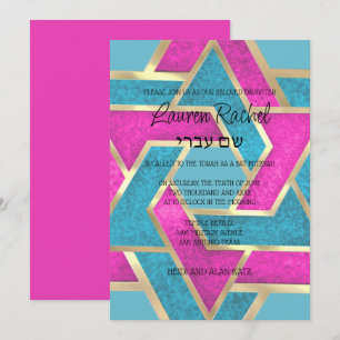 Bat Mitzvah Layered Stars von David Turquoise Pink Einladung