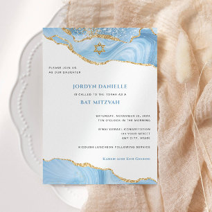 Bat Mitzvah, Light Blue und Gold Glitzer Agate Einladung