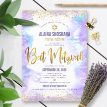 Bat Mitzvah lila Aquarellgoldfolienskript