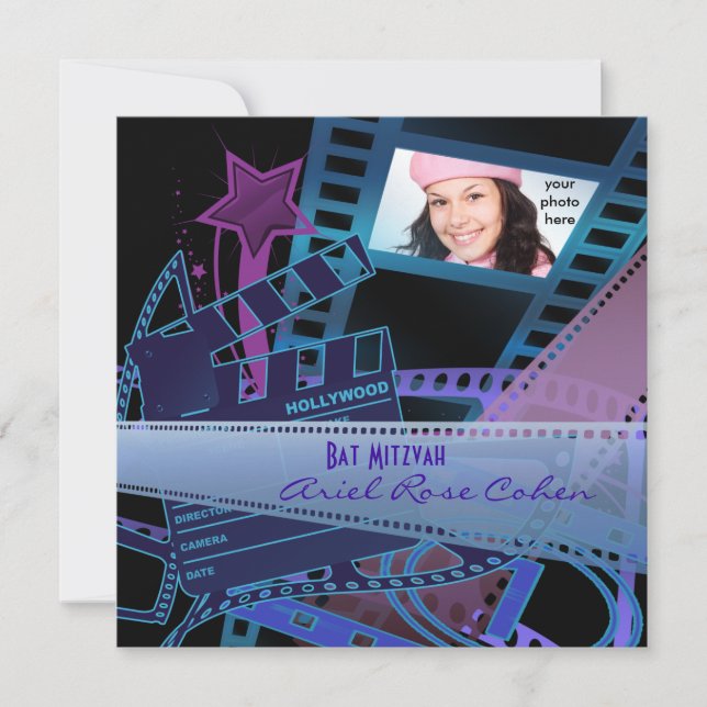 Bat Mitzvah Lila Foto Hollywood Star Einladung (Vorderseite)