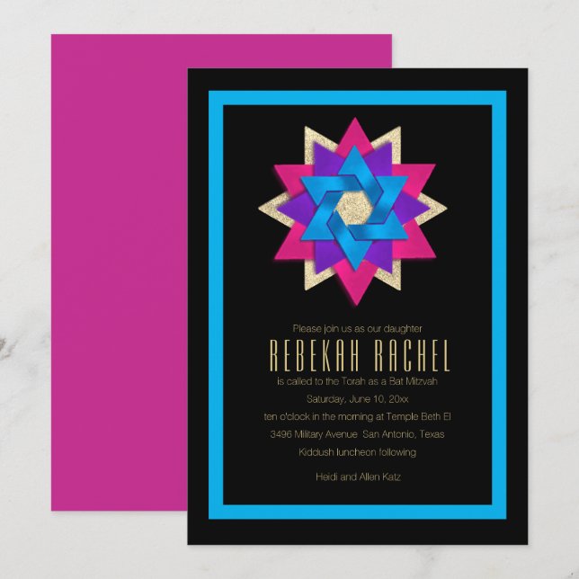 Bat Mitzvah Lila Pink Blue Star Blume Einladung (Vorne/Hinten)
