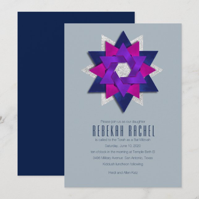 Bat Mitzvah Lila Pink Navy Star Blume Einladung (Vorne/Hinten)