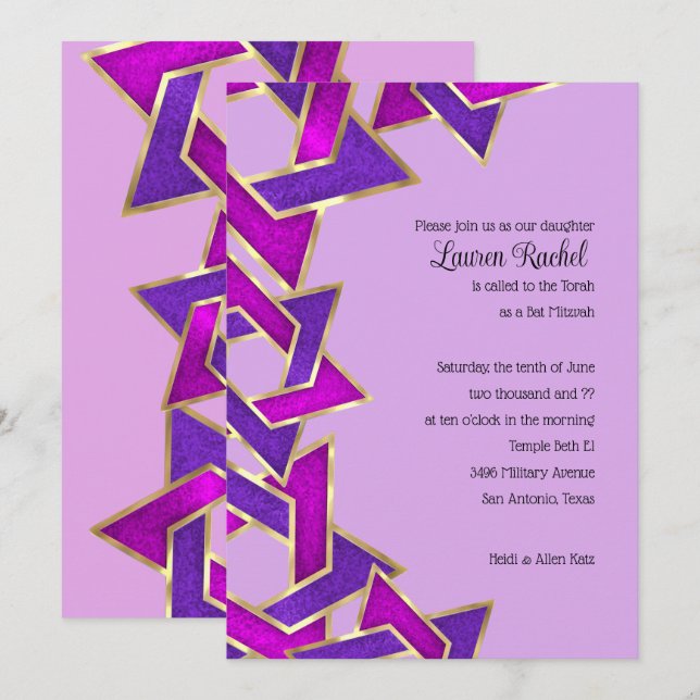 Bat Mitzvah Lila Pink Star von David Invitat Einladung (Vorne/Hinten)