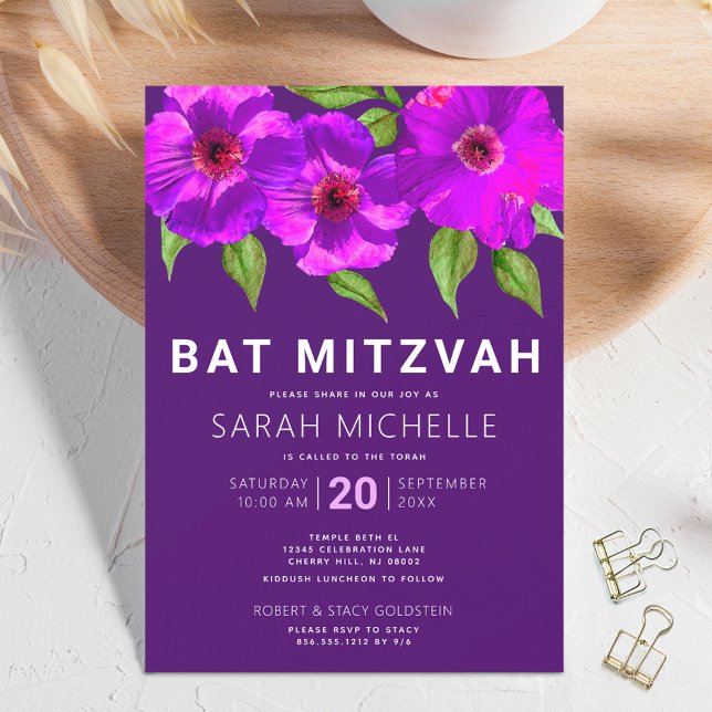 Bat Mitzvah Lila Pink Wasserfarben Flora Modern Einladung (Von Creator hochgeladen)