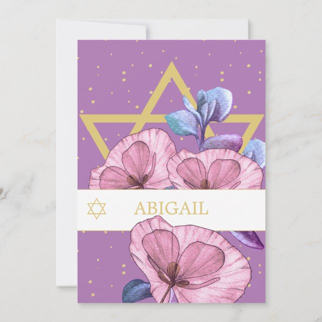 Bat Mitzvah Lila Poppies Gold Star von David Einladung (Rückseite)