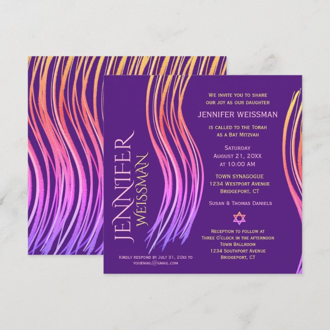 Bat Mitzvah Lila und rosa Gebet Shawl Einladung (Vorne/Hinten)