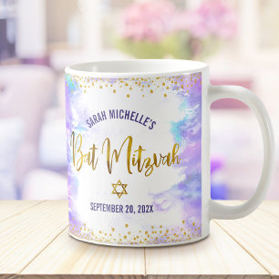 Bat Mitzvah Lila Wasserfarbe Gold Schrift Konfetti Kaffeetasse