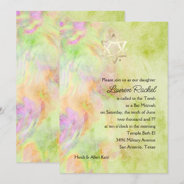 Bat Mitzvah Lime Green Gefärbte Krawatte Einladung (Vorne/Hinten)