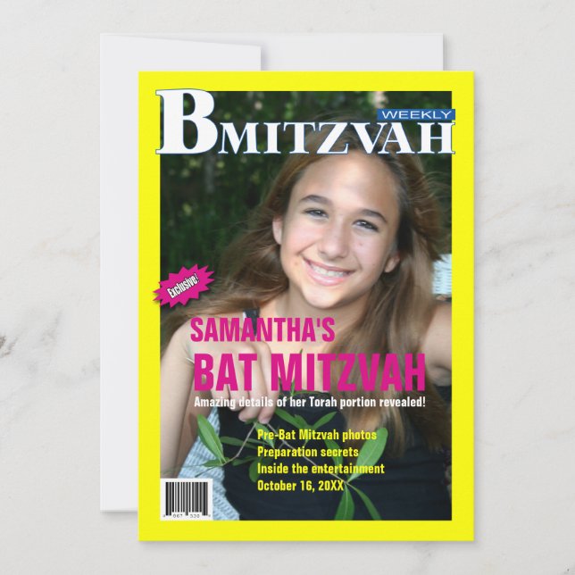 Bat mitzvah Magazine Invitation Yellow Pink (Devant)