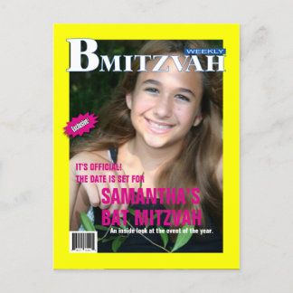 Bat Mitzvah Magazine Save the Date Gelb Rosa Ankündigungspostkarte