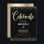 Bat Mitzvah Modern Black Gold Foil Glitzer Script Begleitkarte<br><div class="desc">Seien Sie stolz, freuen Sie sich und präsentieren Sie diesen Meilenstein Ihres Lieblings-Bat Mitzvah! Fügen Sie diese atemberaubende, moderne, personalisierte Einlage für zusätzliche Informationen zu Ihrer Veranstaltung ein. Graphische Imitate Goldfolie-Kalligraphie-Skript, Star of David, und Konfetti, überlagern einen reichen, dramatischen, schwarzen Hintergrund. Personalisieren Sie den benutzerdefinierten Text mit dem Namen, Datum...</div>