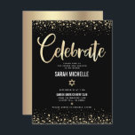 Bat Mitzvah Modern Black Gold Foil Glitzer Script Begleitkarte<br><div class="desc">Seien Sie stolz, freuen Sie sich und präsentieren Sie diesen Meilenstein Ihres Lieblings-Bat Mitzvah! Fügen Sie diese atemberaubende, moderne, personalisierte Einlage für zusätzliche Informationen zu Ihrer Veranstaltung ein. Graphische Imitate Goldfolie-Kalligraphie-Skript, Star of David, und Konfetti, überlagern einen reichen, dramatischen, schwarzen Hintergrund. Personalisieren Sie den benutzerdefinierten Text mit dem Namen, Datum...</div>