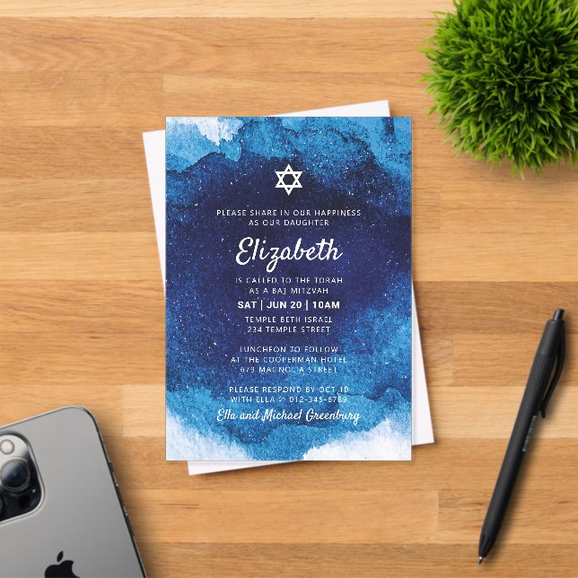 Bat Mitzvah Modern Blue Watercolor Acryleinladungen (Insitu (Einladungskarte))