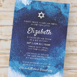 Bat Mitzvah Modern Blue Watercolor Einladung<br><div class="desc">Besteht aus spielerischer Schrift- und Serifentypografie; Alle vor einem Hintergrund von blauem Aquarellhintergrund. Dieses wurde von Select Party Supplies entworfen,  exklusiv für Zazzle. Abrufbar unter: http://www.zazzle.com/selectpartysupplies</div>