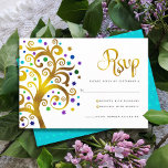 Bat Mitzvah Modern Gold Foil Blauer Tree of Life RSVP Karte<br><div class="desc">Seien Sie stolz, freuen Sie sich und präsentieren Sie diesen Meilenstein Ihres Lieblings-Bat Mitzvah! Fügen Sie diese Grafik-Imitate Goldfolienbaum mit funkelnd türkisfarben, aquamarin, lila und blau Star of David und Punkt "Blätter" auf einem weißen Hintergrund, personalisierte UAWG Insert-Karte für Ihre Veranstaltung. Ein winziger, helltürkisblauer Stern von David, der über aquamarinem...</div>