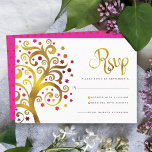 Bat Mitzvah Modern Gold Roter Wald Baum des Lebens RSVP Karte<br><div class="desc">Seien Sie stolz, freuen Sie sich und präsentieren Sie diesen Meilenstein Ihres Lieblings-Bat Mitzvah! Fügen Sie diese Grafik-Imitate Goldfolienbaum mit funkelnd rosa, orange und roten Star of David und Punkt "Blätter" auf einem weißen Hintergrund, personalisierte UAWG Insert-Karte für Ihre Veranstaltung. Ein winziger, dunkelroter Star-of-David-Muster, der über heiß rosa liegt, ist...</div>
