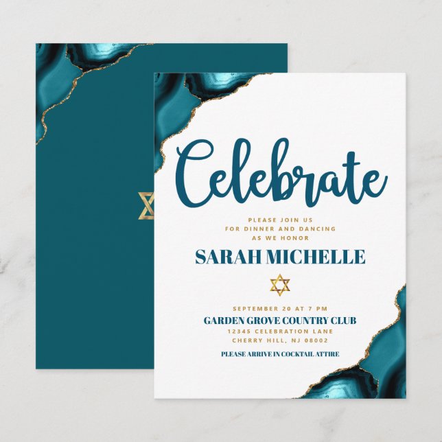 Bat Mitzvah Modern Gold Turquoise Agate Script Begleitkarte (Vorne/Hinten)