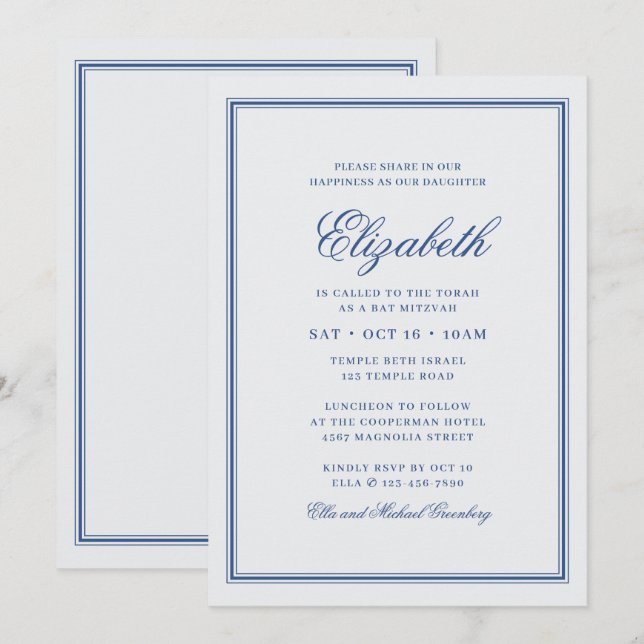 Bat Mitzvah Modern Monogram on Simple Frame Einladung (Vorne/Hinten)