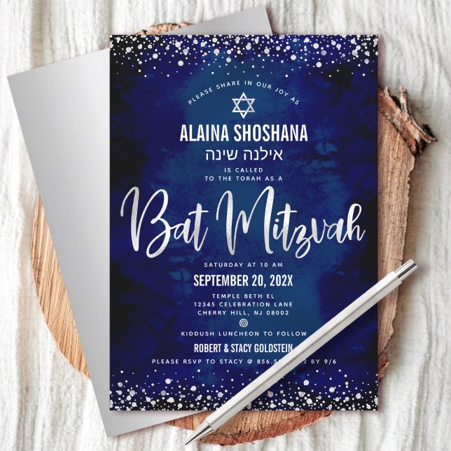 Bat Mitzvah Modern Navy Silver Foil Glitzer Script Einladung (Von Creator hochgeladen)