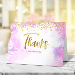 Bat Mitzvah Modern Pink Watercolor Gold Script Dankeskarte<br><div class="desc">Vergewissern Sie sich, dass Ihr Lieblings-Bat Mitzvah ihre Wertschätzung für alle, die ihre Meilenstein-Veranstaltung unterstützt! Versenden Sie dieses atemberaubende, moderne, funkelnd Imitat-Folie handgeschriebene Drehbuch und winzige Punkte über einem hellrosa Aquarellhintergrund, personalisiert danke. Auf der Vorderseite, personalisieren Sie mit dem Namen Ihres Bat Mitzvah. Fügen Sie eine personalisierte Notiz an der...</div>