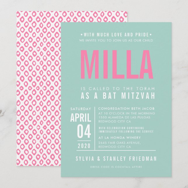 BAT MITZVAH Moderne Blockart Pastellminze Pink Einladung (Vorne/Hinten)