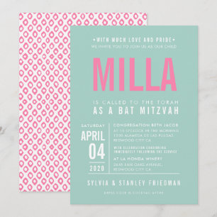 BAT MITZVAH Moderne Blockpastellmittel in Pink Einladung