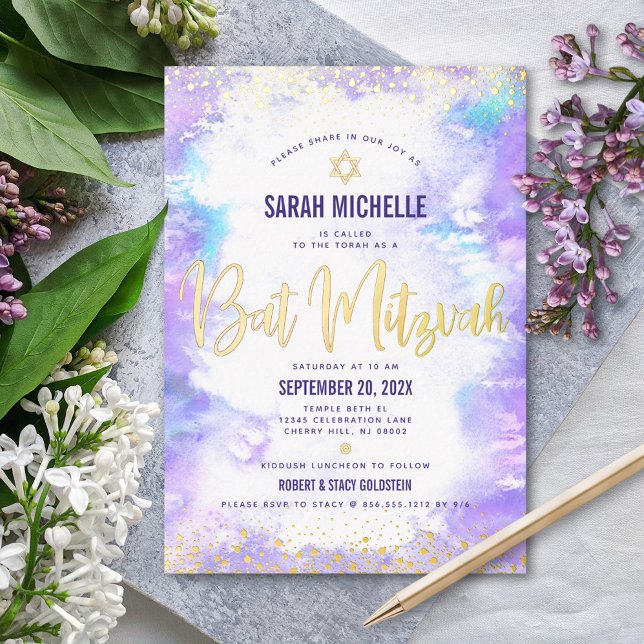 Bat Mitzvah moderne lila Aquarellgoldfarbe Folieneinladung (Von Creator hochgeladen)