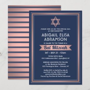 Bat Mitzvah Moderne Marine Blue Pink Rose Gold Tre Einladung