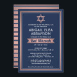 Bat Mitzvah Moderne Marine Blue Pink Rose Gold Tre Einladung<br><div class="desc">Laden Sie Familie und Freunde zu einer eleganten Fledermausmitzvah Zeremonie und Feiern mit einer stilvollen Custom Marine blau, weiß und rosa Rosengold Einladung. Der gesamte Text auf dieser Vorlage lässt sich einfach mit beliebigen Formulierungen in Bezug auf den Dienst, das Lesen der Tora und das Party anpassen. Das Design besticht...</div>