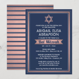 Bat Mitzvah Moderne Marine Blue Pink Rose Gold Tre Einladung