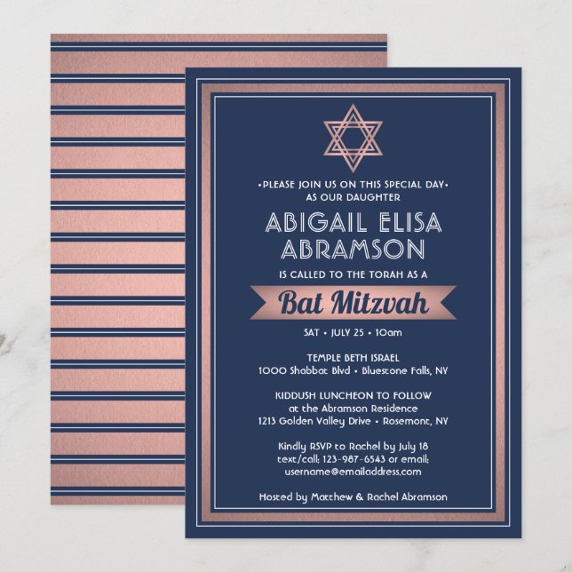Bat Mitzvah Moderne Marine Blue Pink Rose Gold Tre Einladung (Vorne/Hinten)