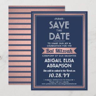 Bat Mitzvah Moderne Marine Blue Pink Rose Gold Tre Save The Date